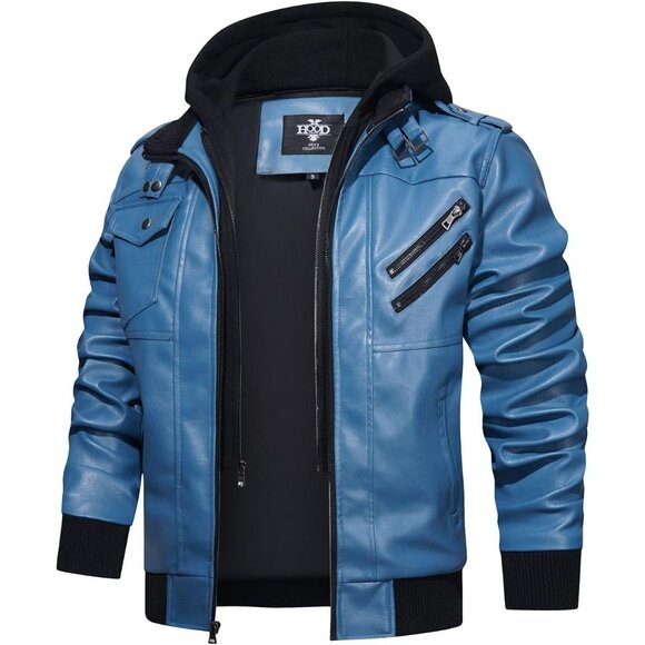 Men’s Blue Casual Stand Collar Pu Faux Leather Motorcycle Bomber Jacket - Picture 2 of 5